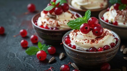   A zoomed-in image of a dish with whipped cream and cherries on a table surrounded by additional cherries