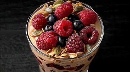   A glass with berries, almonds, and pistachios