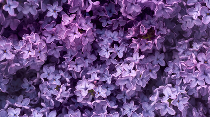 Obraz premium Beautiful purple lilac flowers background. Copy space blue and violet seasonal wallpaper with tiny spring flowers of lilacs in bloom.