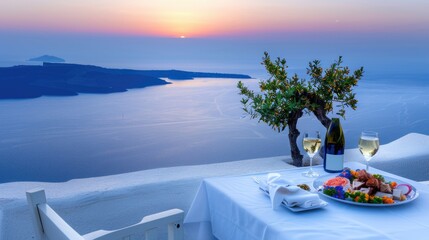 a meal set against the breathtaking backdrop, featuring wine, olive oil, and olives adorning the table, creating a scene of Mediterranean charm and allure.