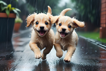 Two cute puppies are running excitedly on a rainy day