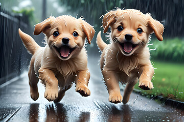 Two cute puppies are running excitedly on a rainy day