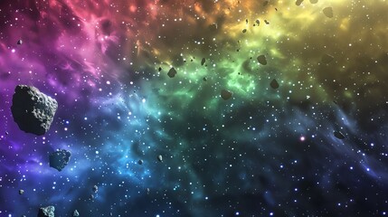 Space background. Asteroid belt fly in colorful fractal nebula, national asteroid day