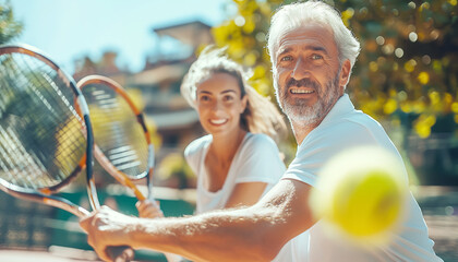 Happy middle aged couple playing tennis in doubles during sunny day on outdoor tennis court. Actvive people, happy retirement and relationship concept image. - Powered by Adobe