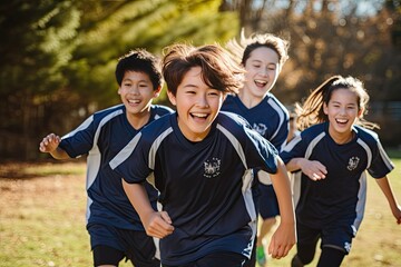 Middle school asian students happily playing soccer outside at sunny day.