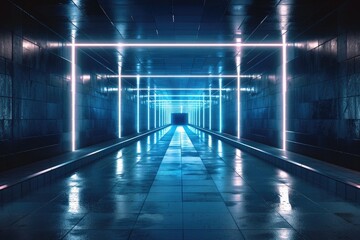 An empty underground blue room with bare walls and lighting metro