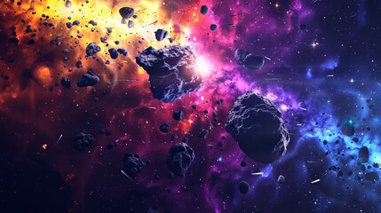 Space background. Asteroid belt fly in colorful fractal nebula, national asteroid day