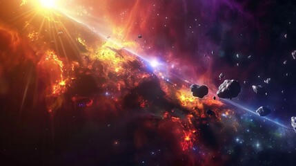 Space background. Asteroid belt fly in colorful fractal nebula, national asteroid day