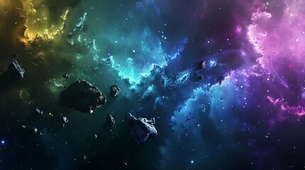 Space background. Asteroid belt fly in colorful fractal nebula, national asteroid day