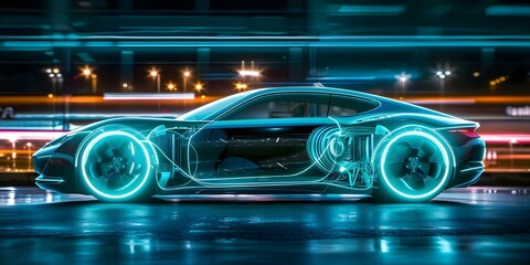 Neon-Lit Futuristic Sports Car with Autonomous Features. Concept Automotive Design, Future Technology, Car Photography