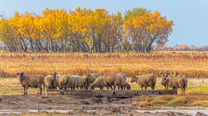 Obraz premium a group of Shetland sheep gathered around an iron water trough in the English countryside during autumn, their woolly coats dusted with mud from the damp ground.