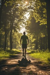Fototapeta premium Sportsman does morning exercises against the backdrop of a spring forest,