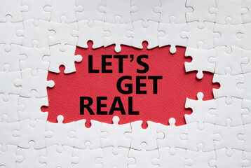 Lets get real symbol. Concept words Lets get real on white puzzle. Beautiful red background....