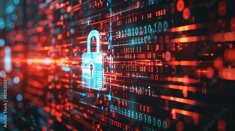 Wall mural cyber security concept. digital padlock on abstract cyber security with binary code