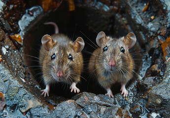 Two brown rats looking out of hole in tree