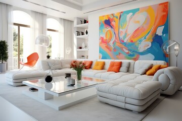 Stylish interior design of a contemporary living room featuring vibrant abstract wall painting and chic furniture