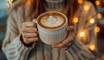 Woman, coffee and closeup with hands for latte art or foam, creative or care with drink. Lights, espresso and zoom with milk in restaurant for winter, barista with inspiration in New York City