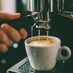 Coffee machine making a cappuccino and espresso hot drink in cafe close up video photorealistic 35mm film photography cinematic realistic close up