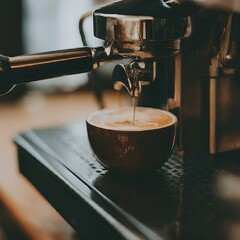 Coffee machine making a cappuccino and espresso hot drink in cafe close up video photorealistic 35mm film photography cinematic realistic close up