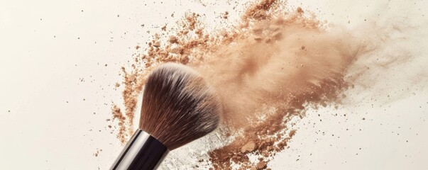 Makeup brush with exploding brown powder on a light background