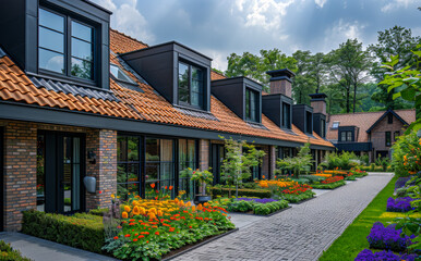 Modern brick houses with lot of flowers
