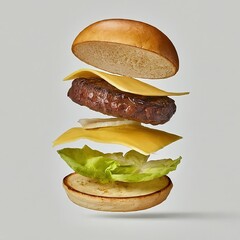 Hamburger falling advertising shooting; a series of photos from above in flight with copy space, isolated on white background concept for fast food restaurant ads