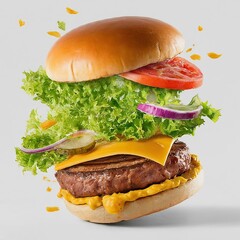 Hamburger falling advertising shooting; a series of photos from above in flight with copy space, isolated on white background concept for fast food restaurant ads
