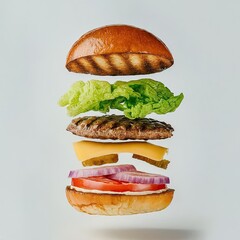 Hamburger falling advertising shooting; a series of photos from above in flight with copy space, isolated on white background concept for fast food restaurant ads
