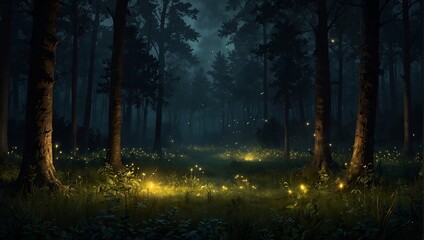 Fototapeta premium Dancing fireflies glimmer the mysterious forest