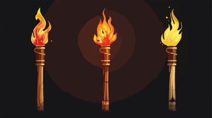 Realistic burning tiki torch set isolated on dark t