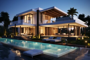 Fototapeta premium Elegant contemporary home with illuminated interior and poolside area during twilight