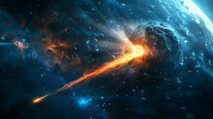 The Falling Meteor Rain. Comet in space, meteor and energy, asteroid glow, powerful star moving. national asteroid day