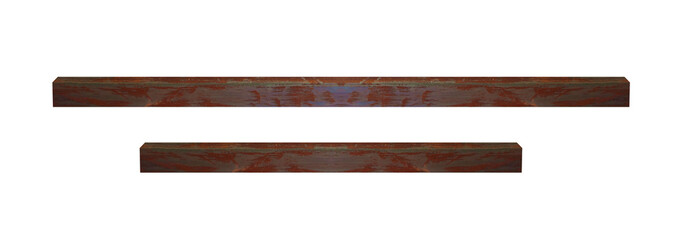 Rusty old metal horizontal short length beams - on isolated transparent background.