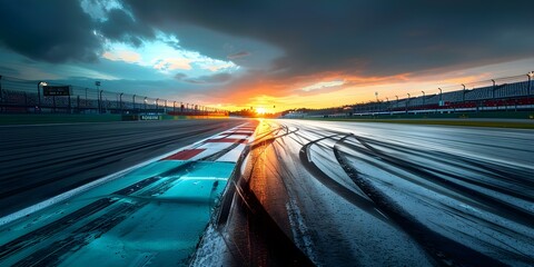 Deserted Formula One race track at sunrise with visible tire tracks. Concept Deserted Race Track, Formula One, Sunrise, Tire Tracks, Abandoned Circuit