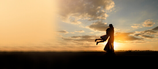 Silhouette of Asian Mother and Happy daughter greeting, proud and hug together with sunset...