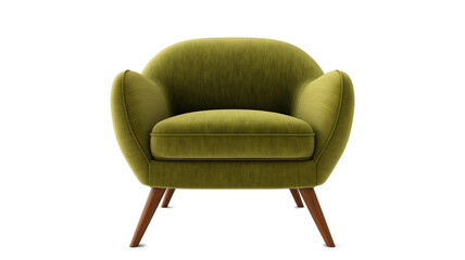 Comfortable olive green armchair with wooden legs isolated on a transparent background
