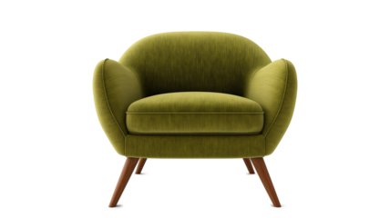 Comfortable olive green armchair with wooden legs isolated on a transparent background
