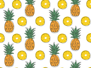 Abstract Pineapple seamless pattern. Exotic fruit in doodle style. Summer funny background. Pattern with ananas for cover, wallpaper, packaging
