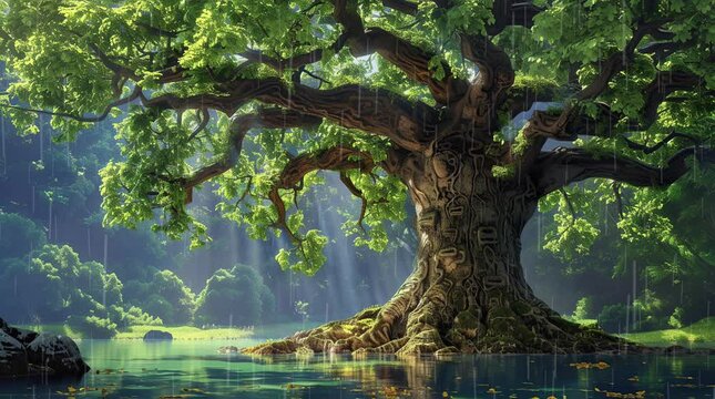 Gigantic tree by the river in a fantasy forest landscape. Towering natural wonder amidst enchanting scenery.
Seamless looping 4k time-lapse virtual video animation background. Generated AI