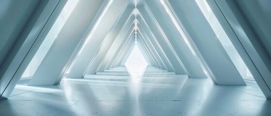 Obraz premium A vacant, contemporary hallway with a clean white backdrop, featuring a cutting-edge, sci-fi triangle tunnel in a 3D rendered format.