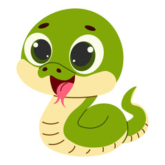 Cartoon cute green snake on white background. Vector illustration