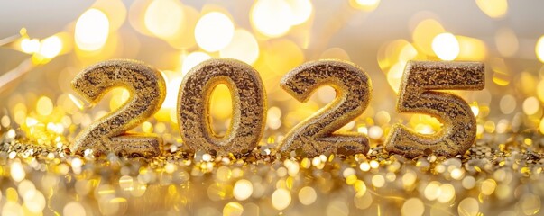 Glittering golden numbers 2025 with sparkling lights background