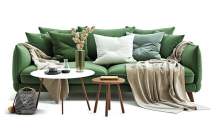 Comfortable green sofa with cushions blanket and table isolated on a transparent background