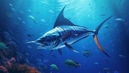 Obraz premium Giant Marlin fish in the ocean, beautiful view of marlin fish in the blue ocean
