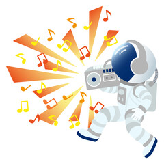 Astronaut dances to the loud music of a boom box. Cartoon vector illustration on a white background.