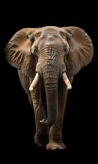Fototapeta premium Elephant walking towards the camera isolated on black