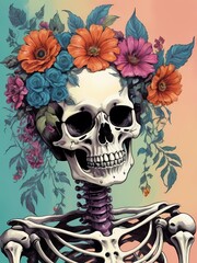 Floral skeleton in the style of pop art generative AI illustration 