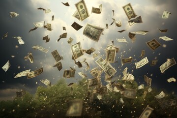Imaginative scene of us currency swirling in the air like a storm against a dramatic sky