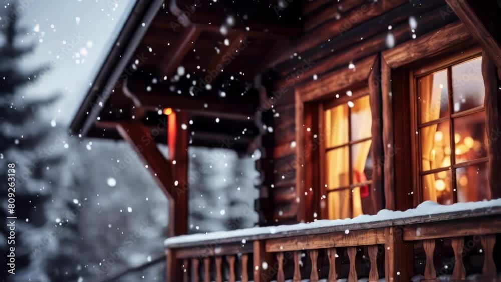 Wall mural log cabin with porch covered in snow