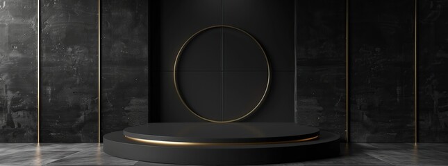 Podium with gold neon lights on dark background. stage concept with circle.